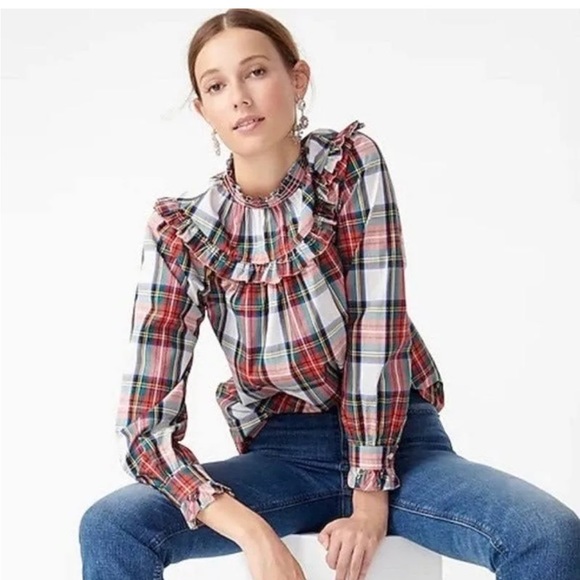 J Crew Women' Scallop Tie Neck Puff Sleeve Top In Stewart Tartan Plaid in Size M - Picture 1 of 5